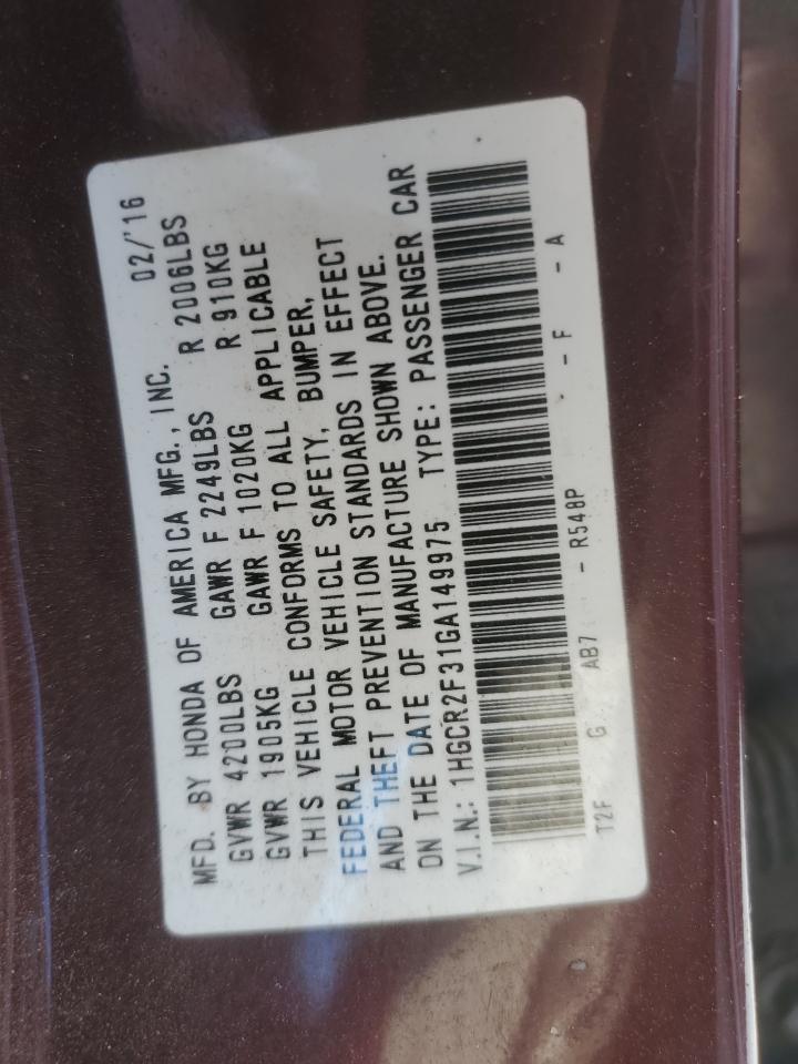 2016 Honda Accord Lx VIN: 1HGCR2F31GA149975 Lot: 85284355