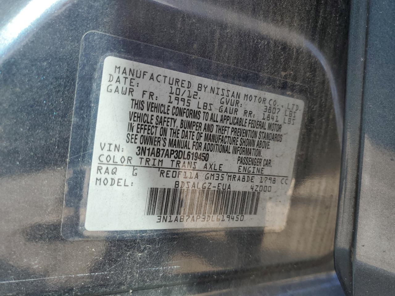 2013 Nissan Sentra S VIN: 3N1AB7AP3DL619450 Lot: 85371685