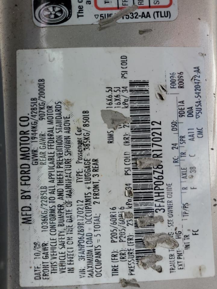 2009 Ford Fusion S VIN: 3FAHP06Z89R170212 Lot: 81976915