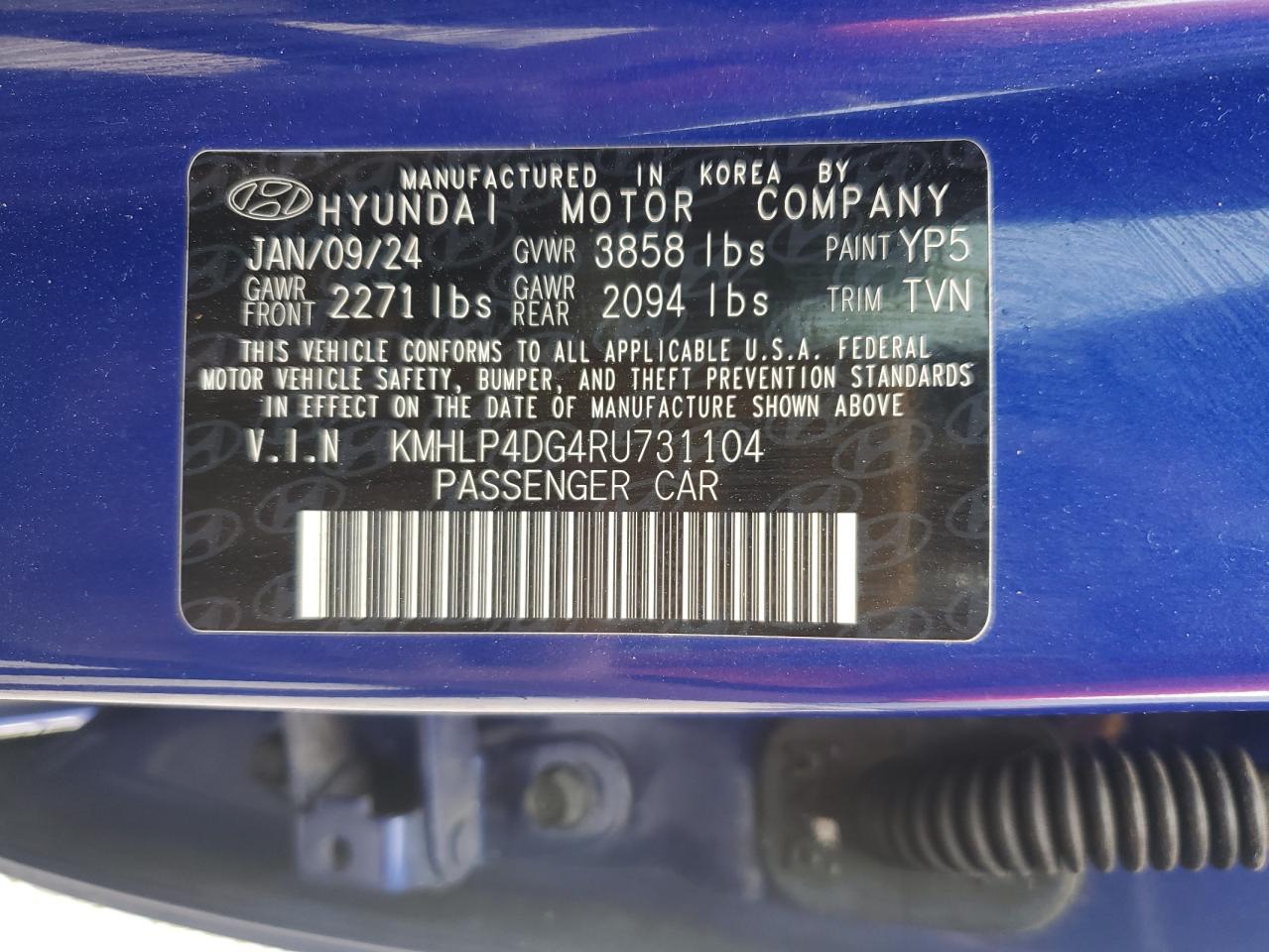 2024 Hyundai Elantra Limited VIN: KMHLP4DG4RU731104 Lot: 86101405