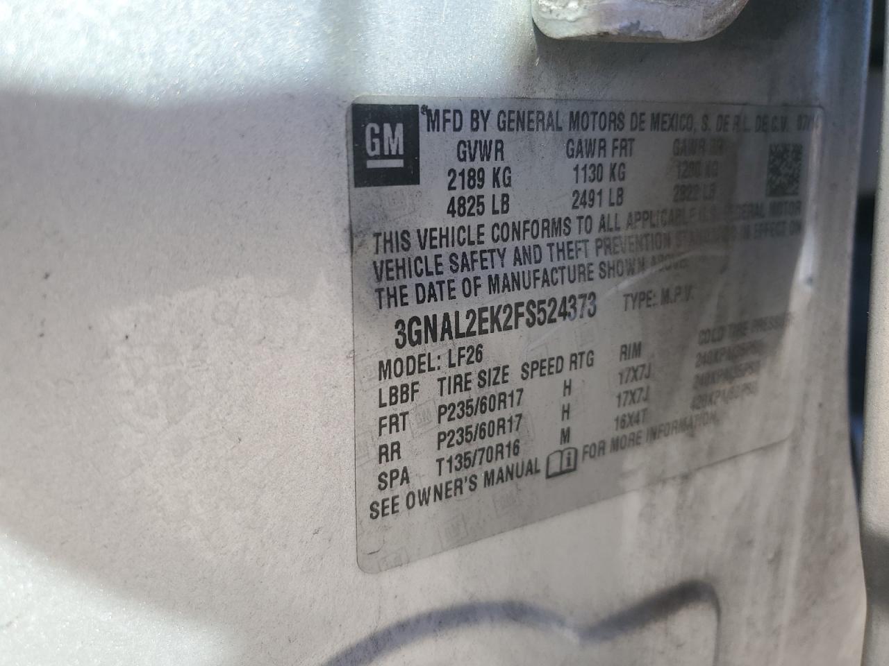 2015 Chevrolet Captiva Ls VIN: 3GNAL2EK2FS524373 Lot: 89560445