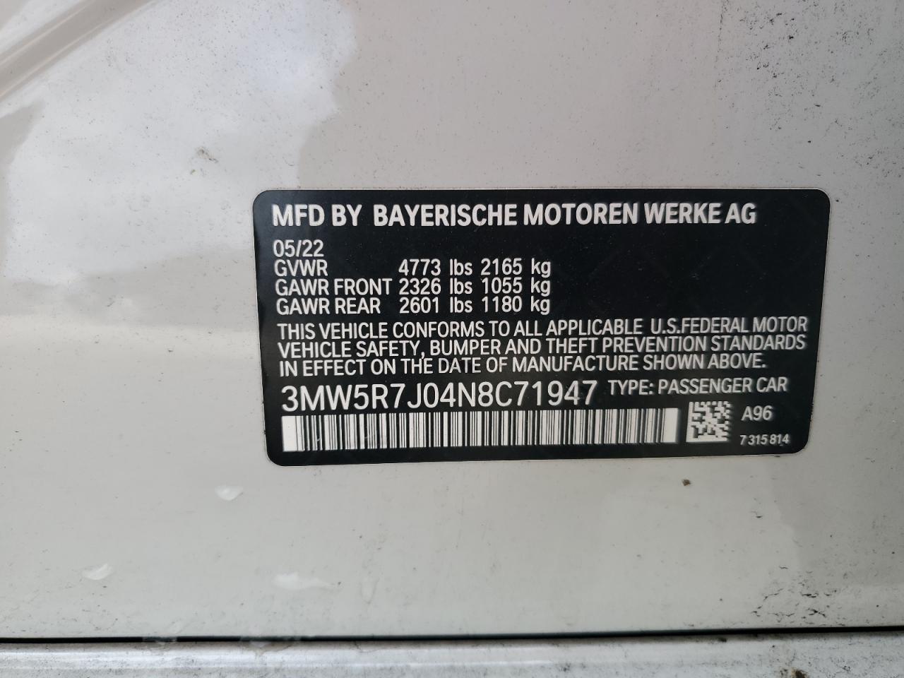 2022 BMW 330Xi VIN: 3MW5R7J04N8C71947 Lot: 83886095