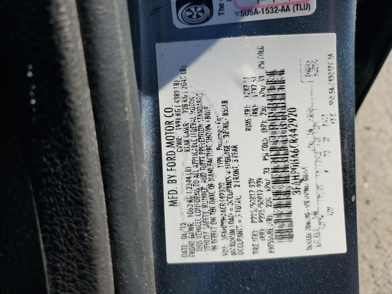 2012 Ford Fusion Se VIN: 3FAHP0HA6CR442920 Lot: 86795865