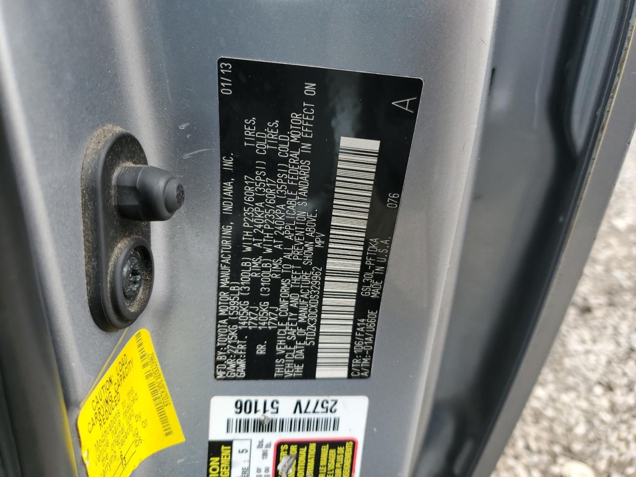 2013 Toyota Sienna VIN: 5TDZK3DCXDS329962 Lot: 87286015