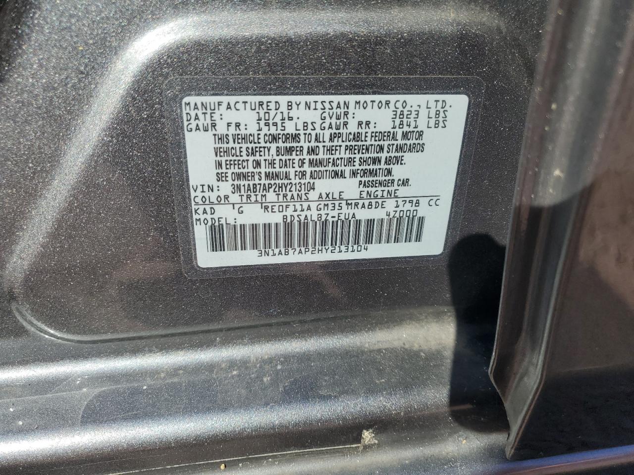 2017 Nissan Sentra S VIN: 3N1AB7AP2HY213104 Lot: 84950585