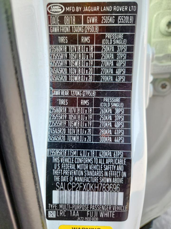 2019 Land Rover Discovery Sport Se VIN: SALCP2FX0KH783696 Lot: 85561045