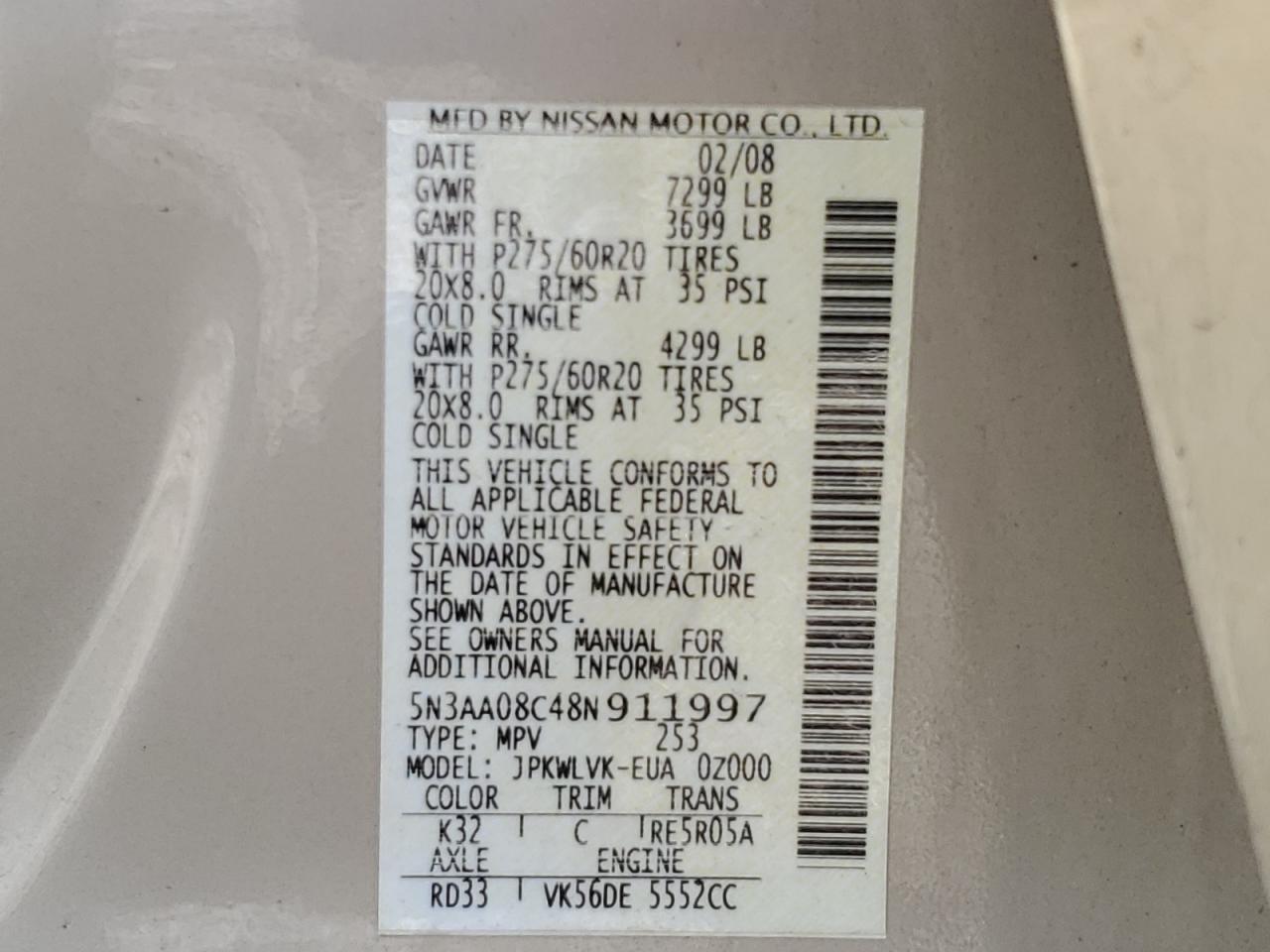 2008 Infiniti Qx56 VIN: 5N3AA08C48N911997 Lot: 86789195