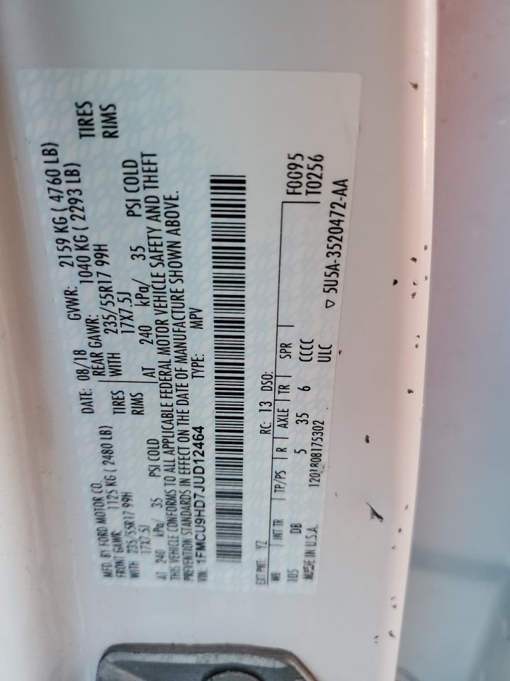 2018 Ford Escape Sel VIN: 1FMCU9HD7JUD12464 Lot: 87288525