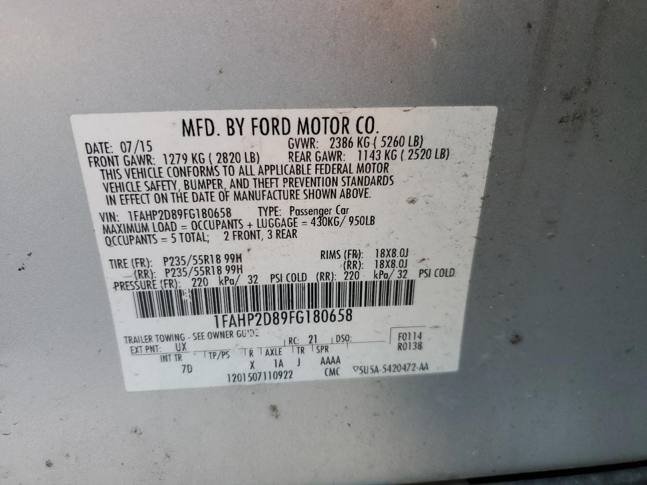2015 Ford Taurus Se VIN: 1FAHP2D89FG180658 Lot: 90843715