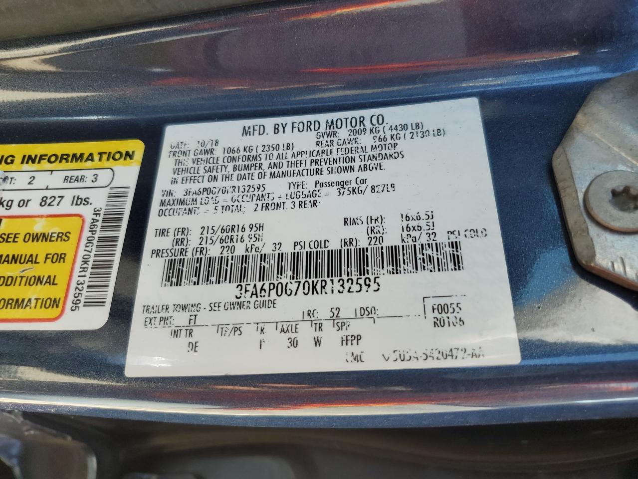 2019 Ford Fusion S VIN: 3FA6P0G70KR132595 Lot: 89892405