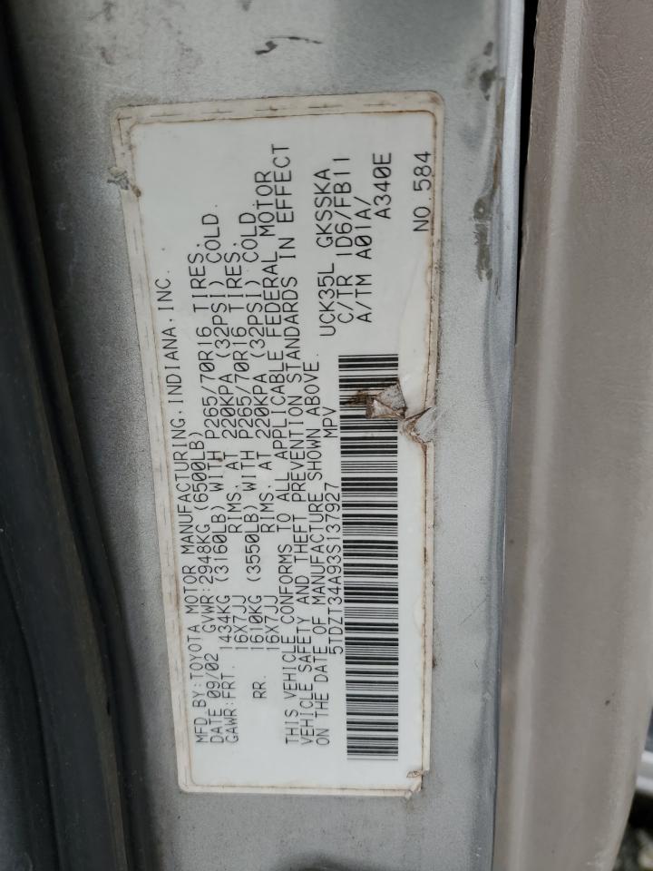 2003 Toyota Sequoia Sr5 VIN: 5TDZT34A93S137927 Lot: 89932525