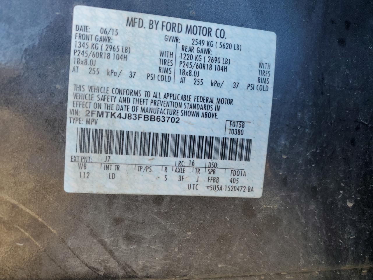 2015 Ford Edge Sel VIN: 2FMTK4J83FBB63702 Lot: 89847705