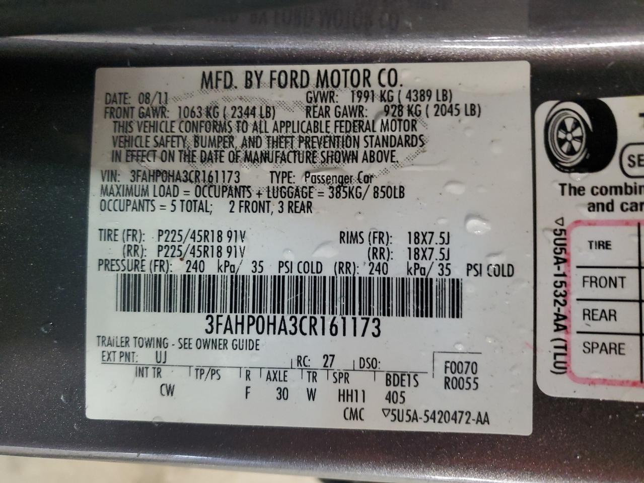 2012 Ford Fusion Se VIN: 3FAHP0HA3CR161173 Lot: 82457365