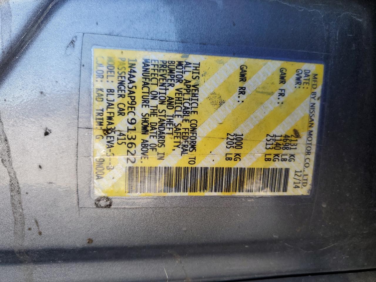 2014 Nissan Maxima S VIN: 1N4AA5AP9EC913622 Lot: 84941905