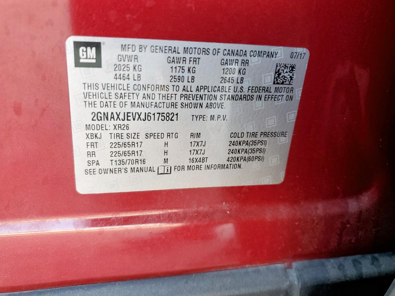 2018 Chevrolet Equinox Lt VIN: 2GNAXJEVXJ6175821 Lot: 82497825