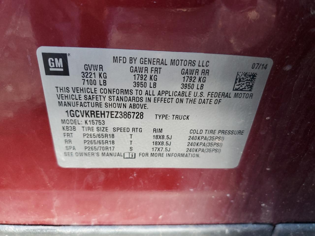 2014 Chevrolet Silverado K1500 Lt VIN: 1GCVKREH7EZ386728 Lot: 86443405