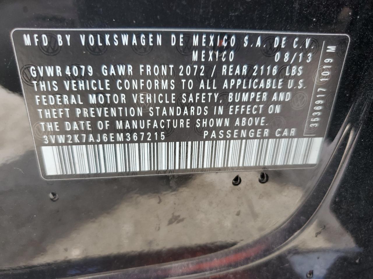 2014 Volkswagen Jetta Base VIN: 3VW2K7AJ6EM367215 Lot: 85574015