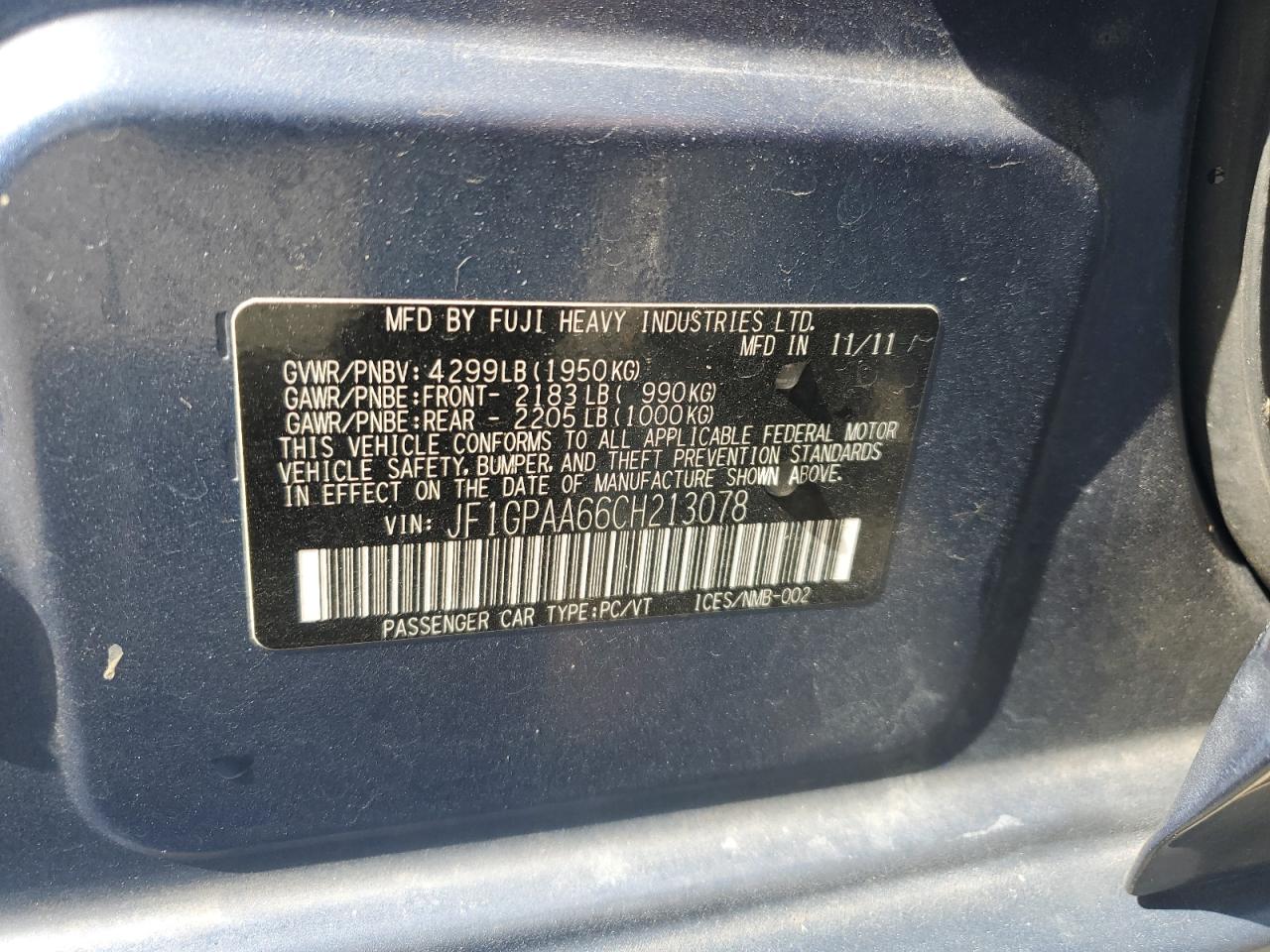 2012 Subaru Impreza VIN: JF1GPAA66CH213078 Lot: 84958085