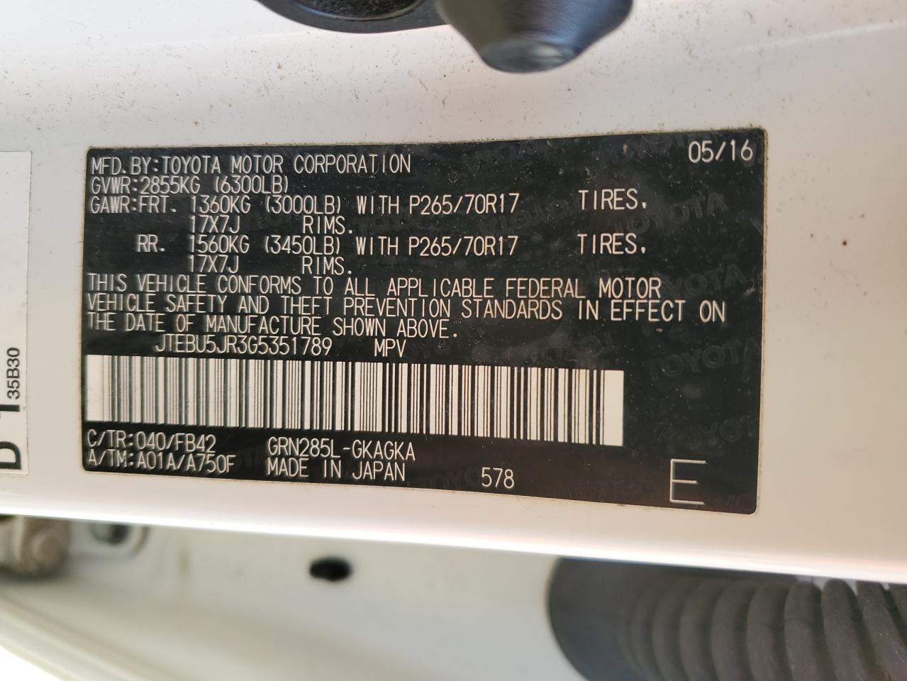 2016 Toyota 4Runner Sr5/Sr5 Premium VIN: JTEBU5JR3G5351789 Lot: 84906315