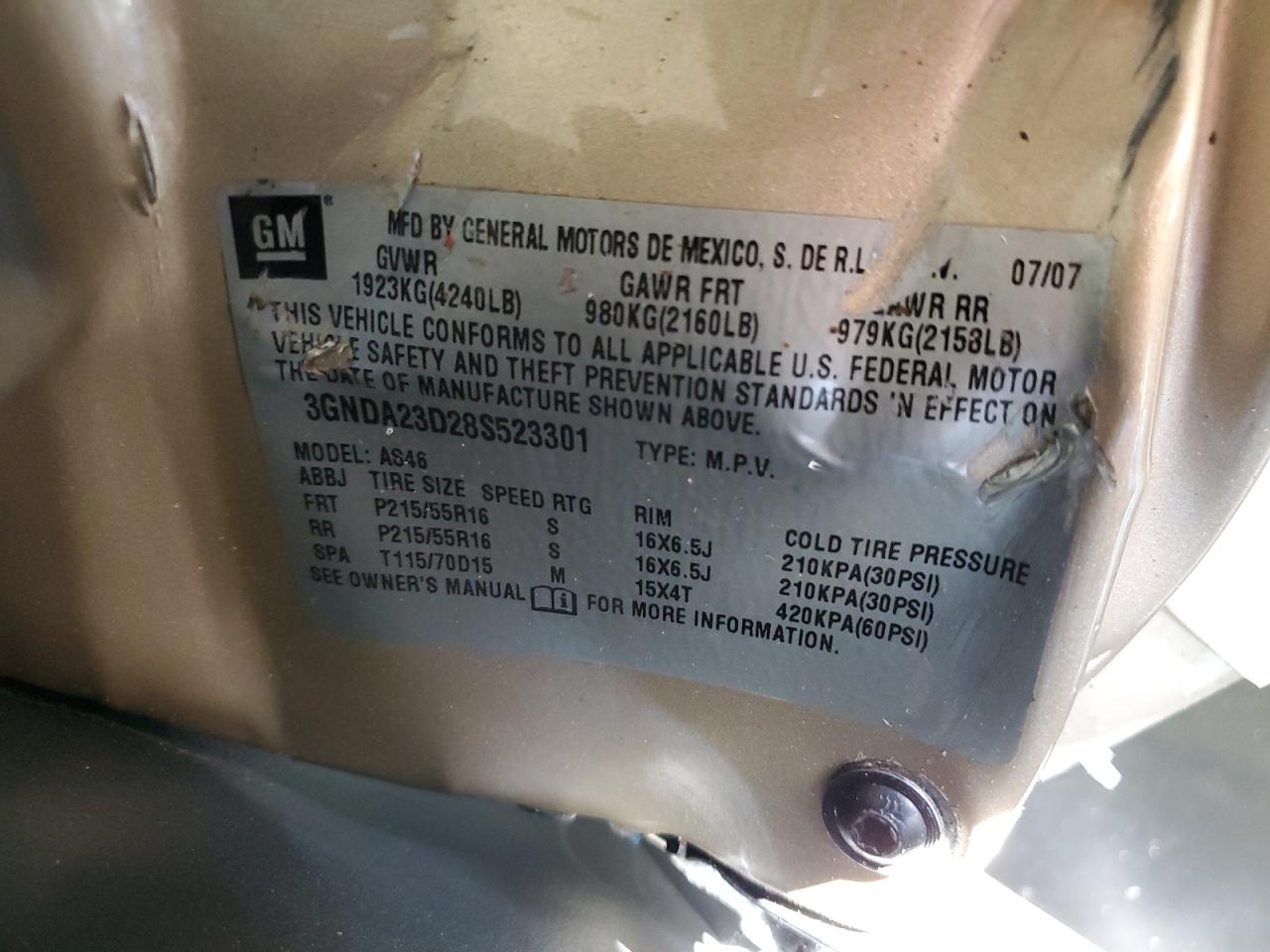 2008 Chevrolet Hhr Lt VIN: 3GNDA23D28S523301 Lot: 82282365