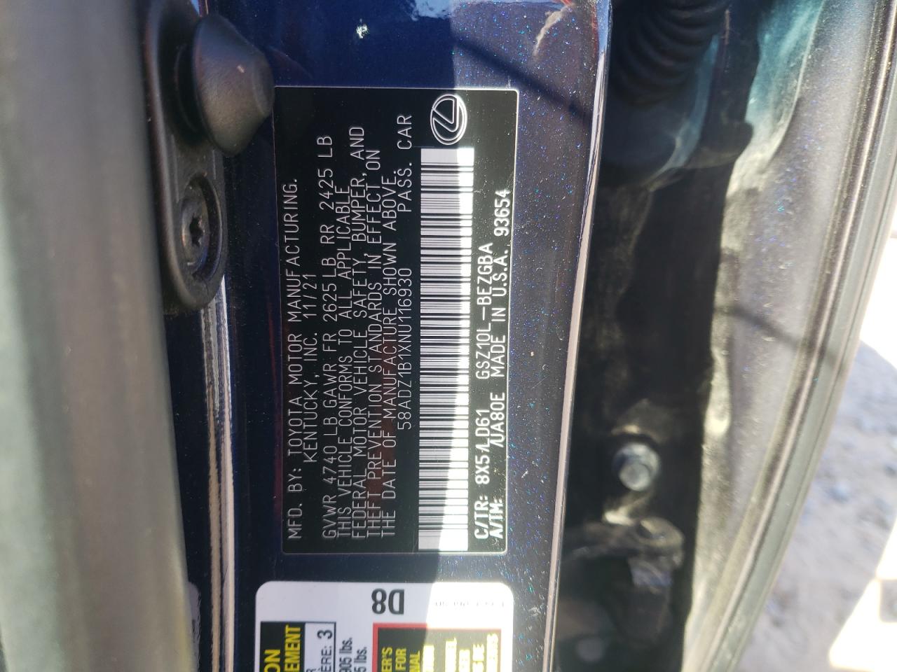 2022 Lexus Es 350 Base VIN: 58ADZ1B1XNU116930 Lot: 85838005