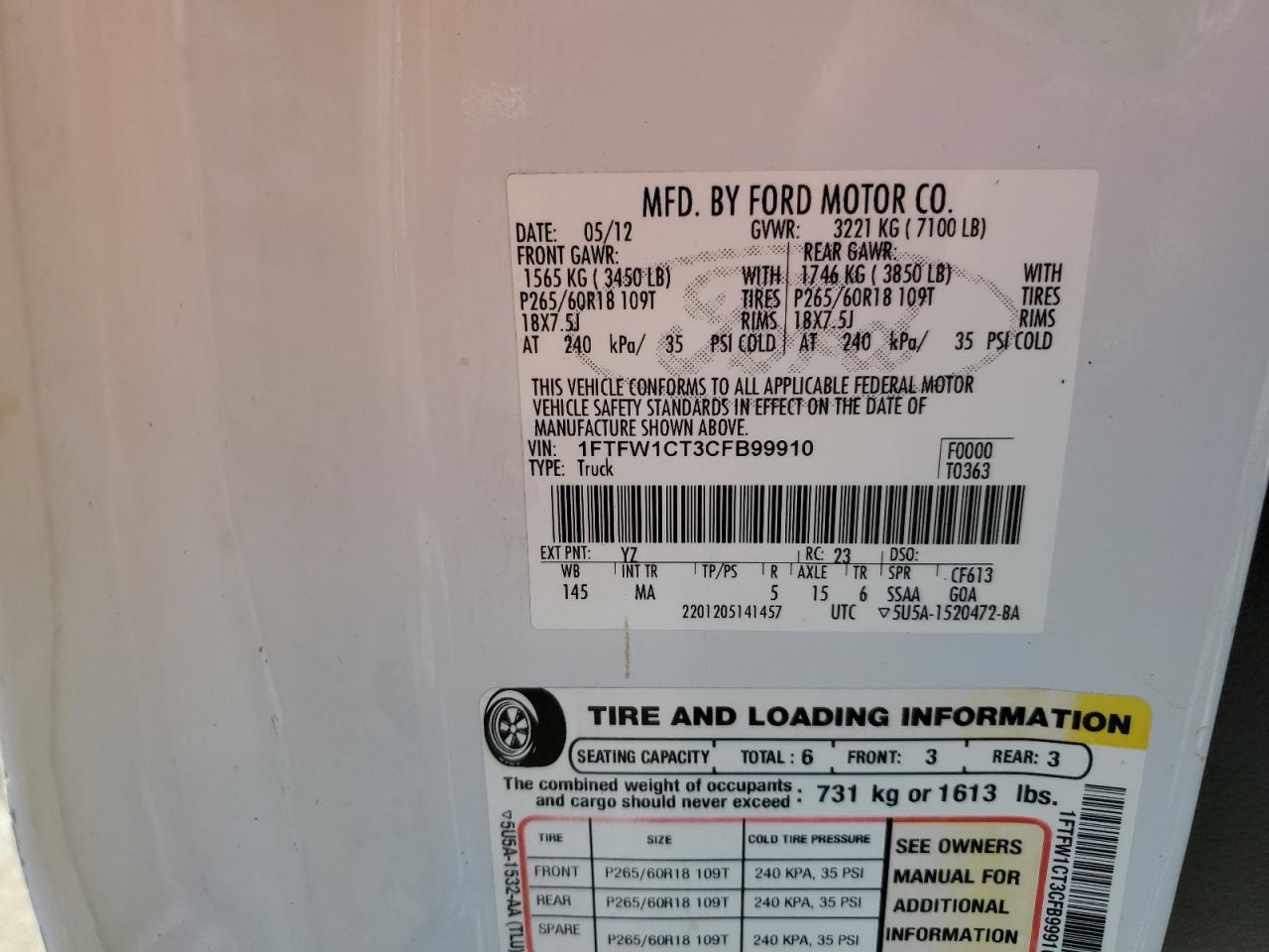 2012 Ford F150 Supercrew VIN: 1FTFW1CT3CFB99910 Lot: 86050055