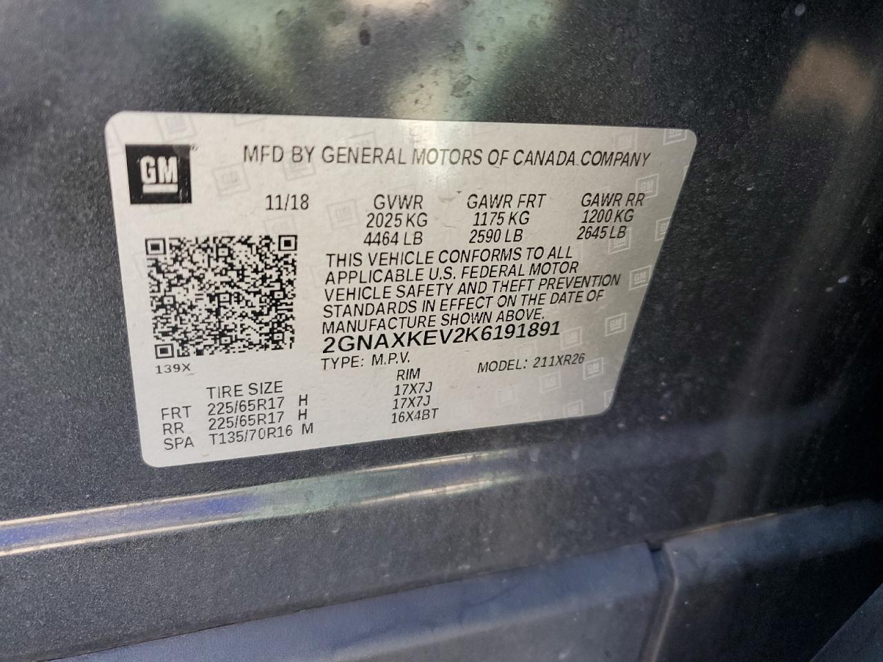 2019 Chevrolet Equinox Lt VIN: 2GNAXKEV2K6191891 Lot: 85707395