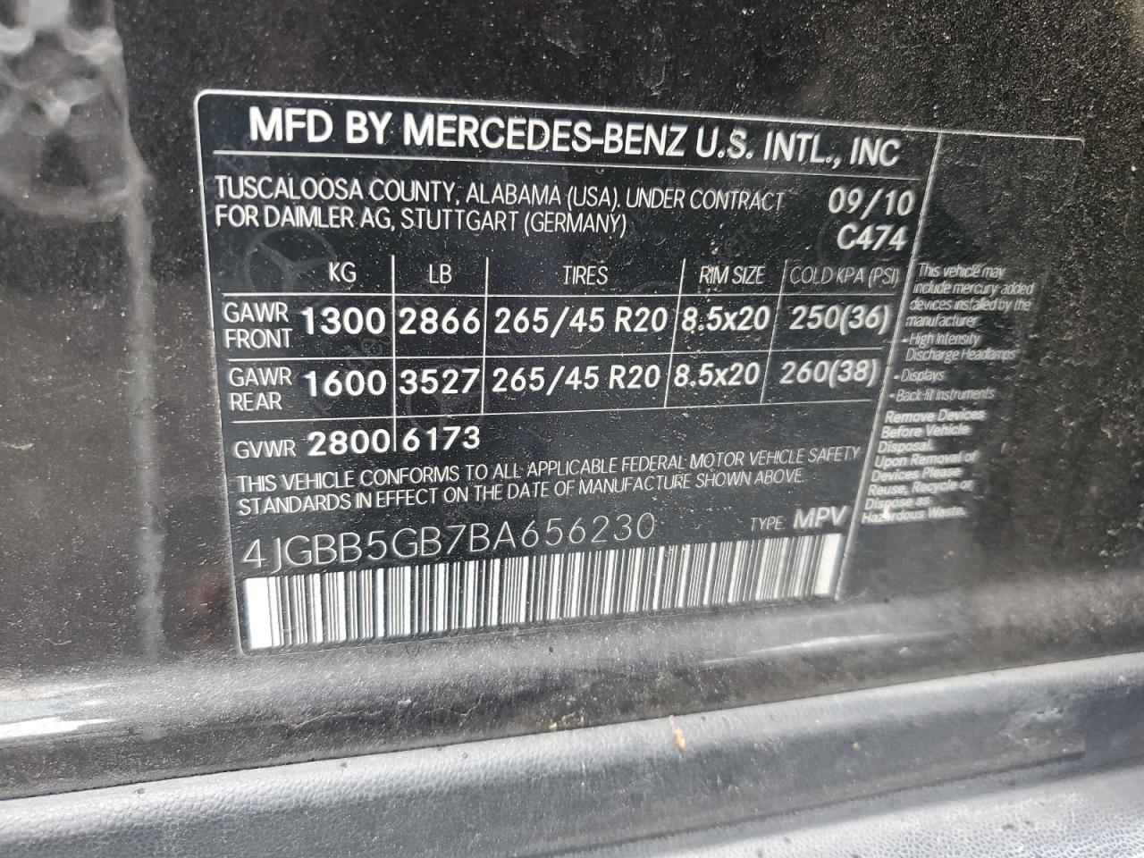 2011 Mercedes-Benz Ml 350 VIN: 4JGBB5GB7BA656230 Lot: 81971785