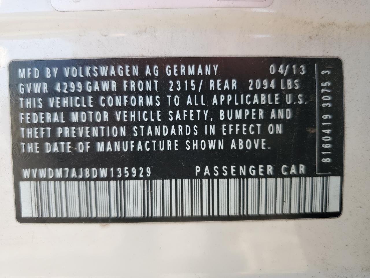 2013 Volkswagen Golf VIN: WVWDM7AJ8DW135929 Lot: 86172395