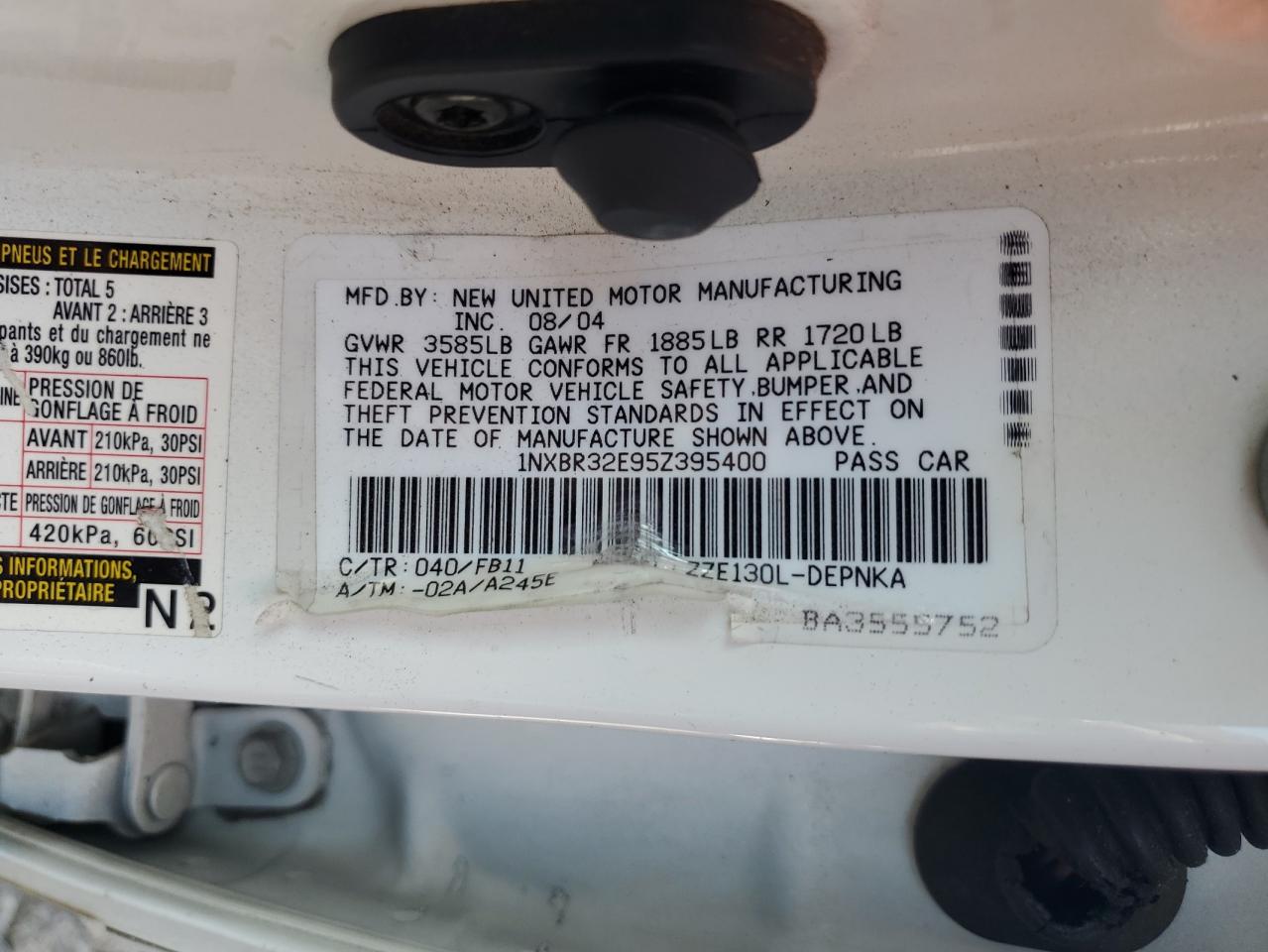 2005 Toyota Corolla Ce VIN: 1NXBR32E95Z395400 Lot: 82006325