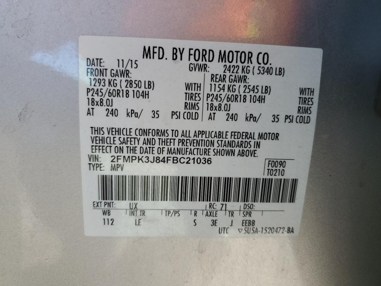 2015 Ford Edge Sel VIN: 2FMPK3J84FBC21036 Lot: 82337925