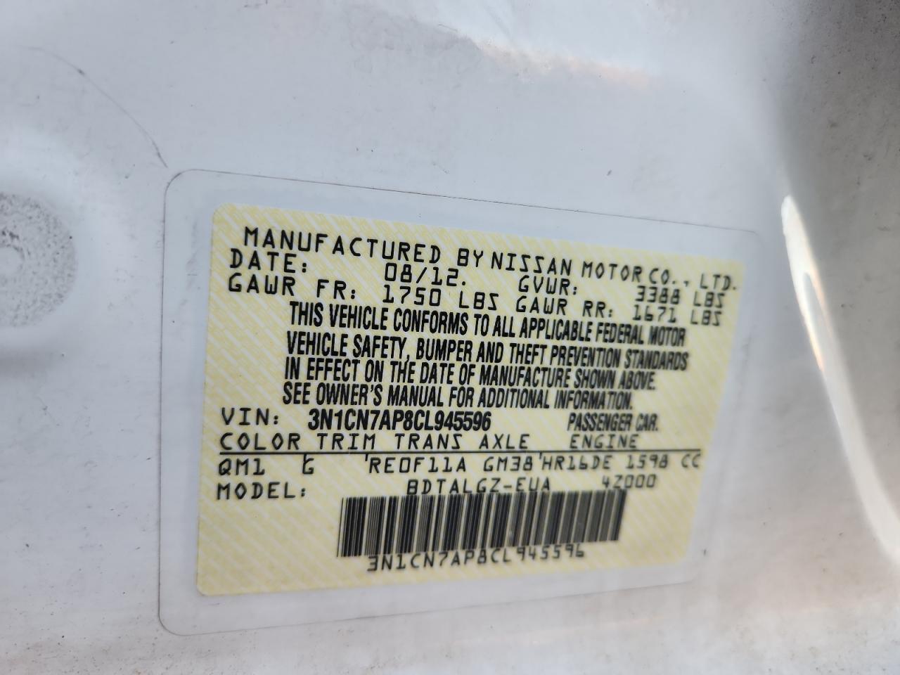 2012 Nissan Versa S VIN: 3N1CN7AP8CL945596 Lot: 89906305