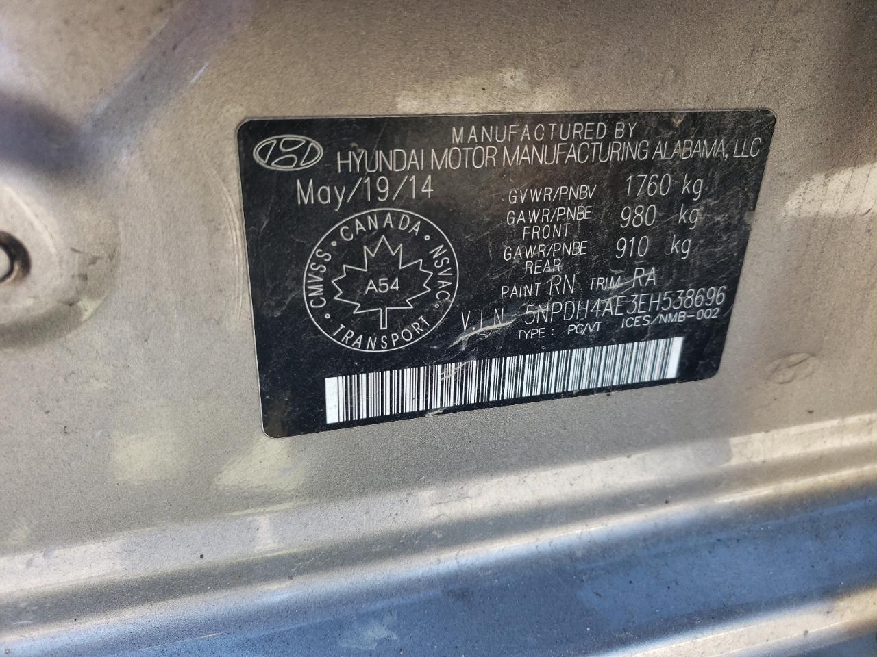 2014 Hyundai Elantra Se VIN: 5NPDH4AE3EH538696 Lot: 84992665