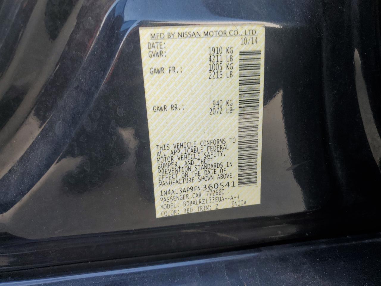 2015 Nissan Altima 2.5 VIN: 1N4AL3AP9FN360541 Lot: 85349505