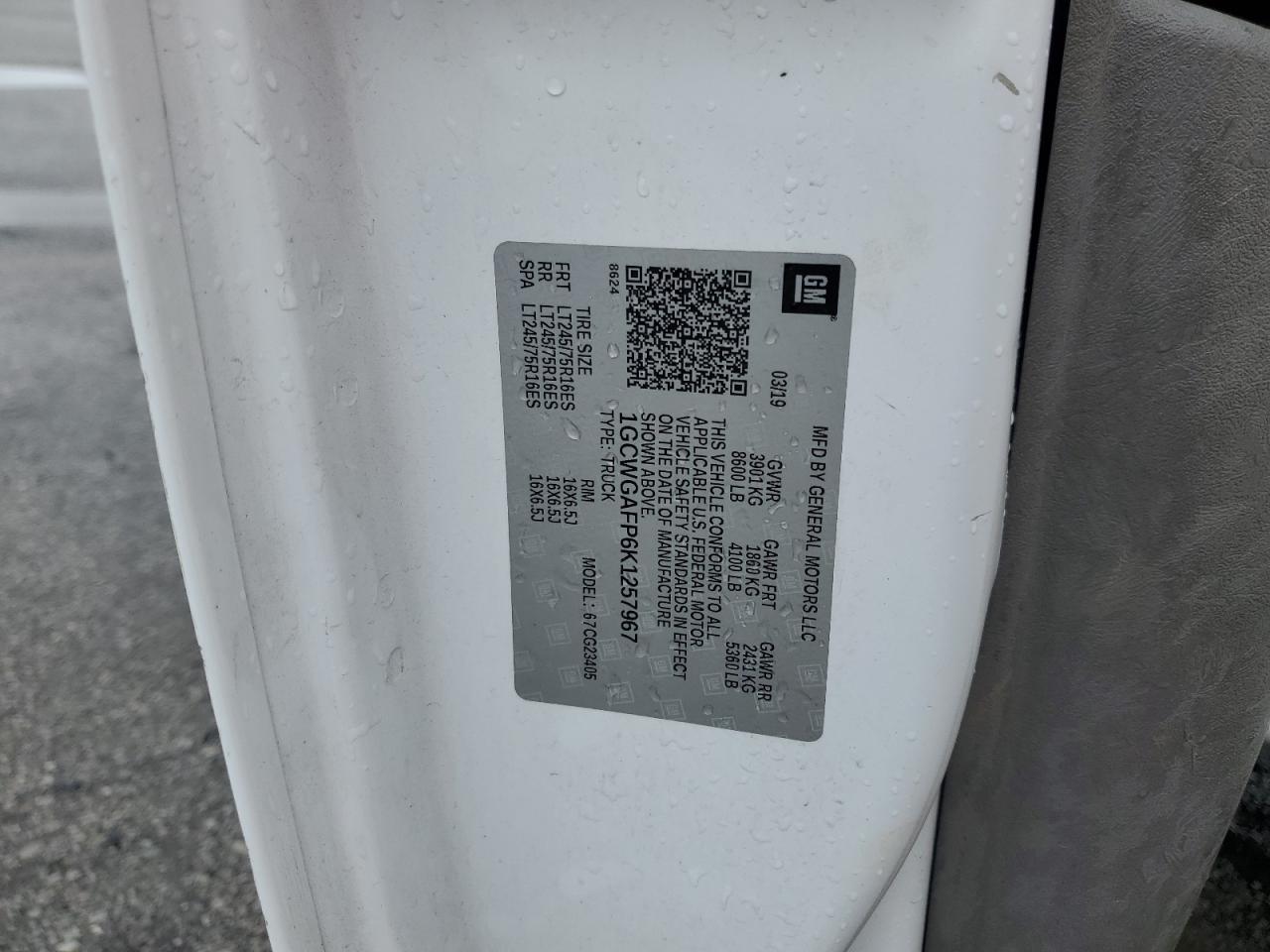 2019 Chevrolet Express G2500 VIN: 1GCWGAFP6K1257967 Lot: 82273965