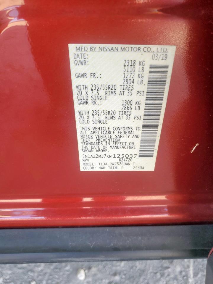 2019 Nissan Murano S VIN: 5N1AZ2MJ7KN125037 Lot: 85596625