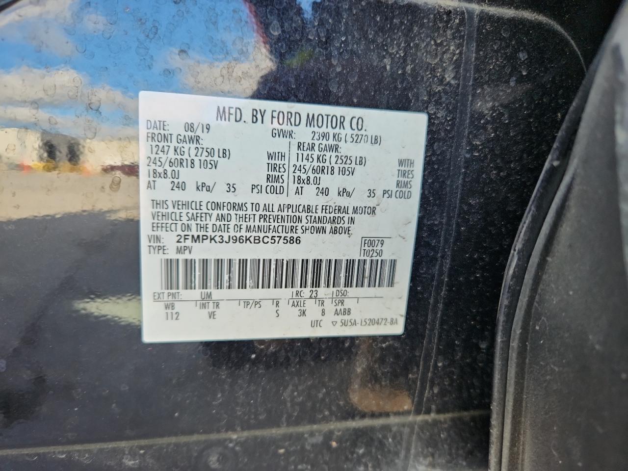 2019 Ford Edge Sel VIN: 2FMPK3J96KBC57586 Lot: 89692705