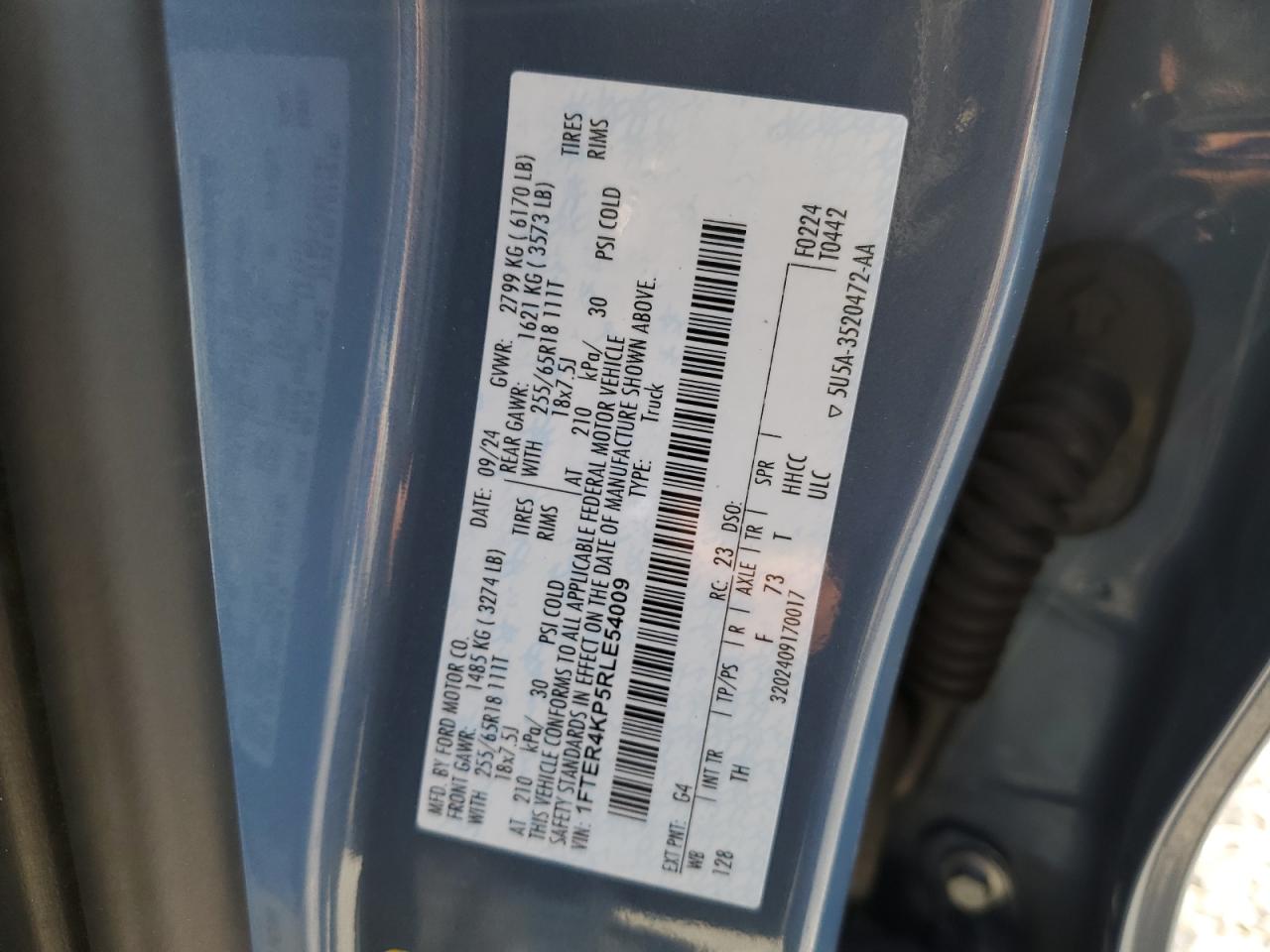 2024 Ford Ranger Lariat VIN: 1FTER4KP5RLE54009 Lot: 86495525