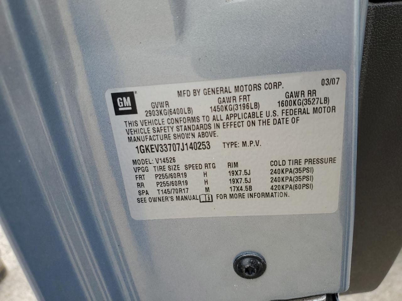 2007 GMC Acadia Slt-2 VIN: 1GKEV33707J140253 Lot: 82365445