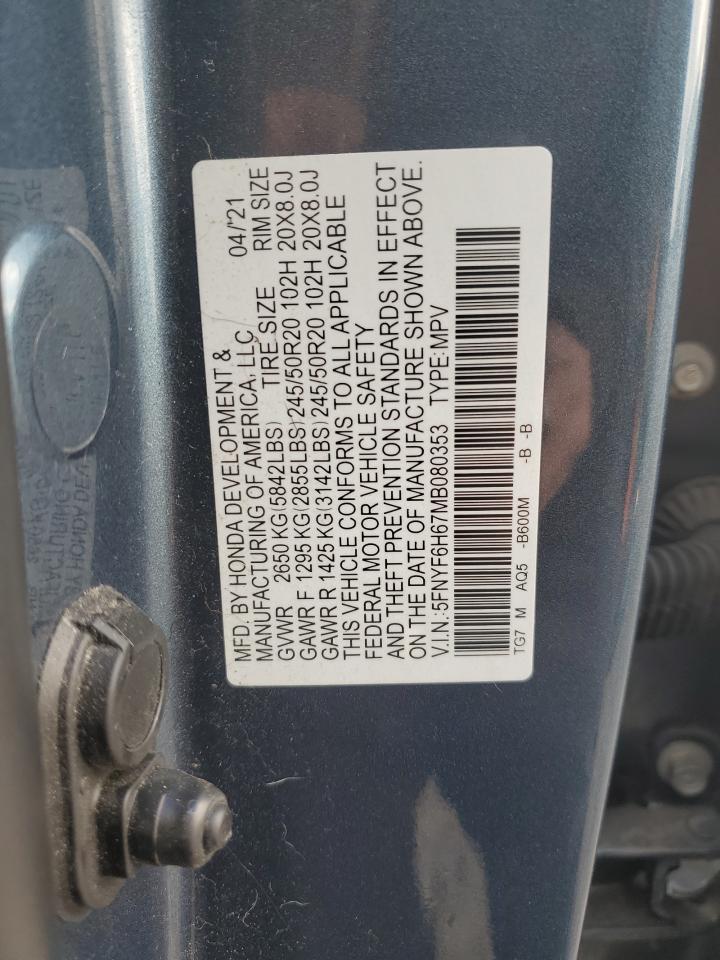 2021 Honda Pilot Touring VIN: 5FNYF6H67MB080353 Lot: 86244855