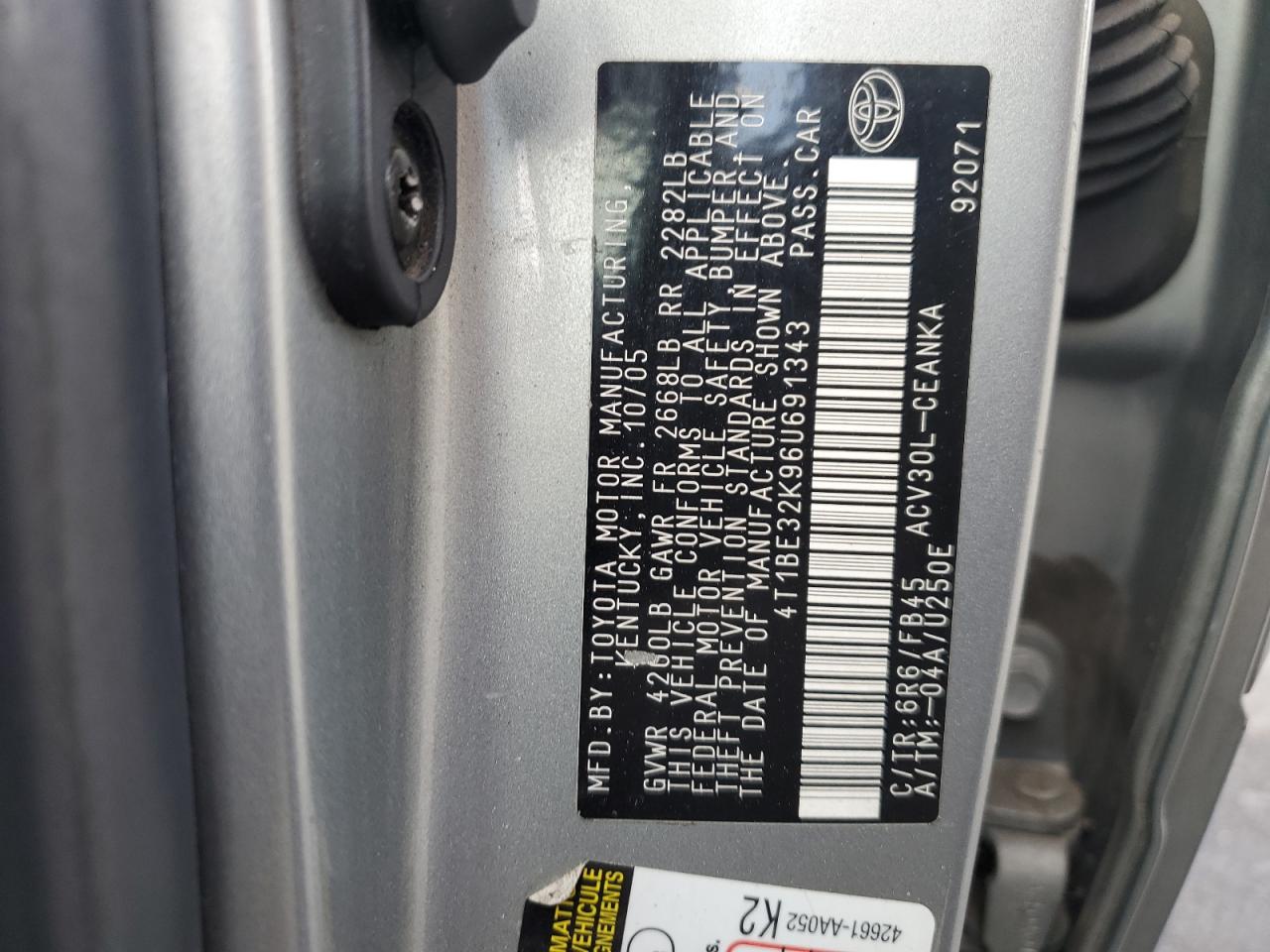 2006 Toyota Camry Le VIN: 4T1BE32K96U691343 Lot: 84987145