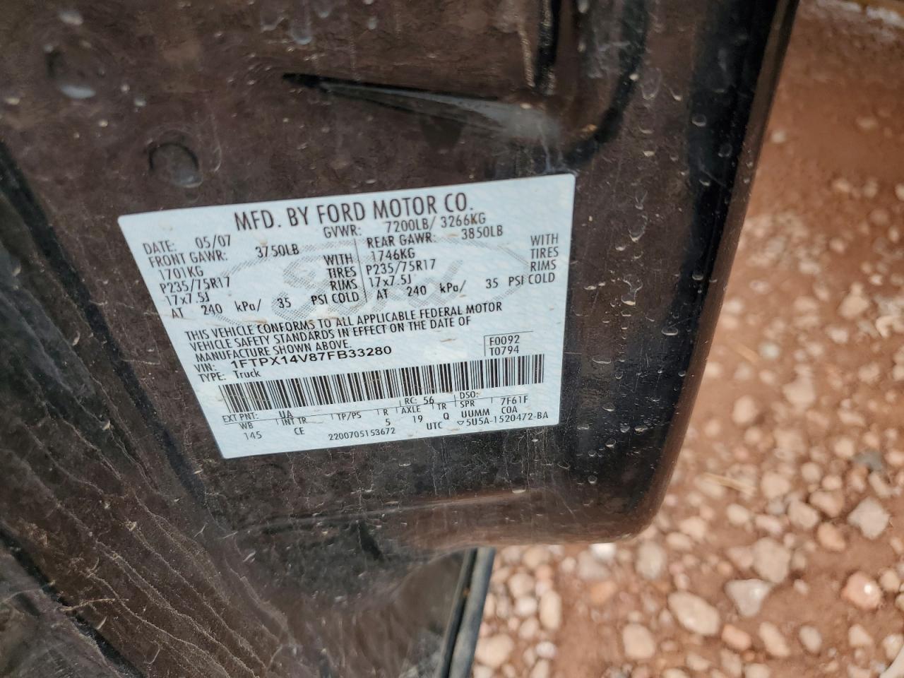 2007 Ford F150 VIN: 1FTPX14V87FB33280 Lot: 86308955