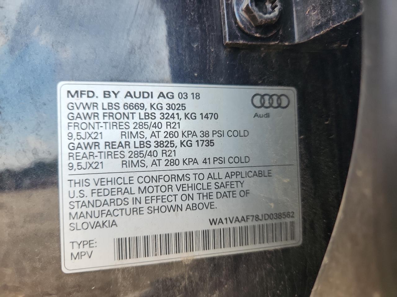 2018 Audi Q7 Prestige VIN: WA1VAAF78JD038562 Lot: 81961835