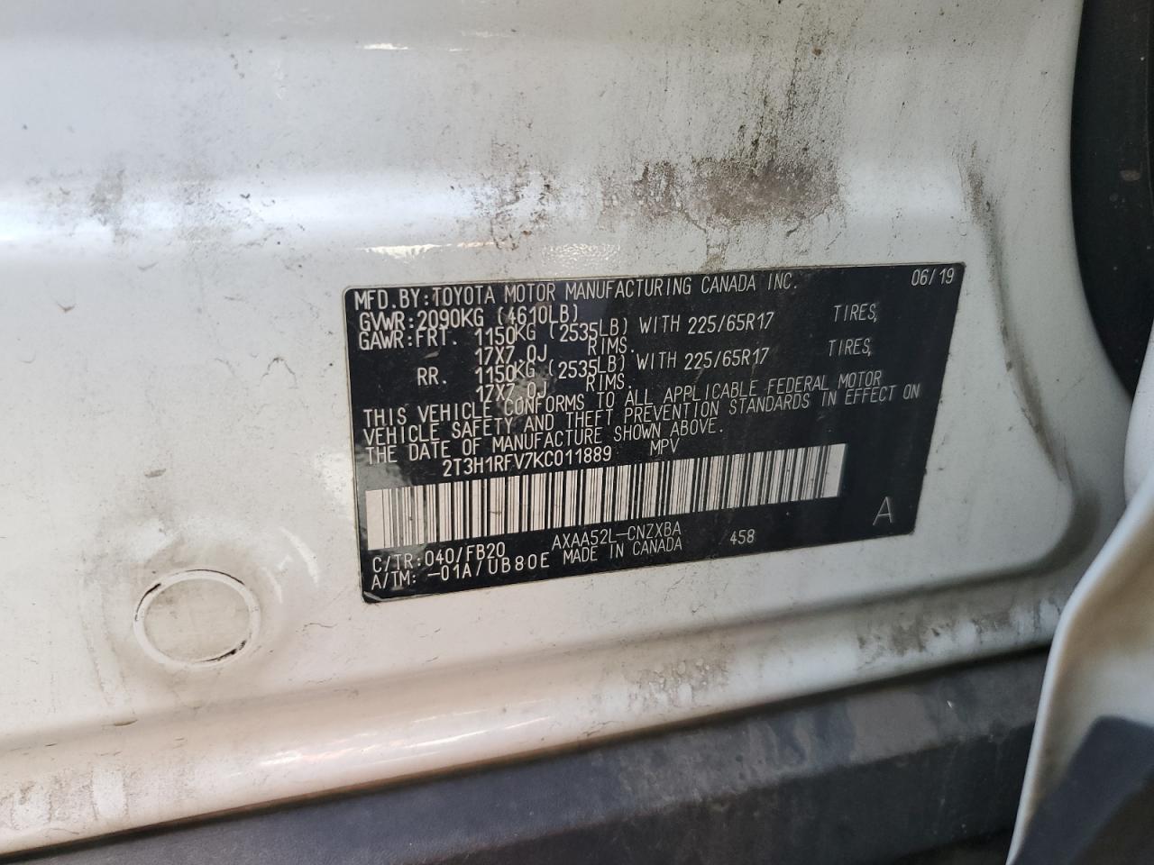 2019 Toyota Rav4 Le VIN: 2T3H1RFV7KC011889 Lot: 81972415