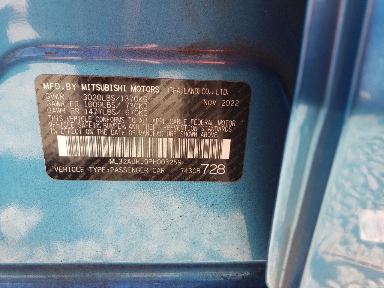 2023 Mitsubishi Mirage Es VIN: ML32AUHJ9PH003259 Lot: 86789485