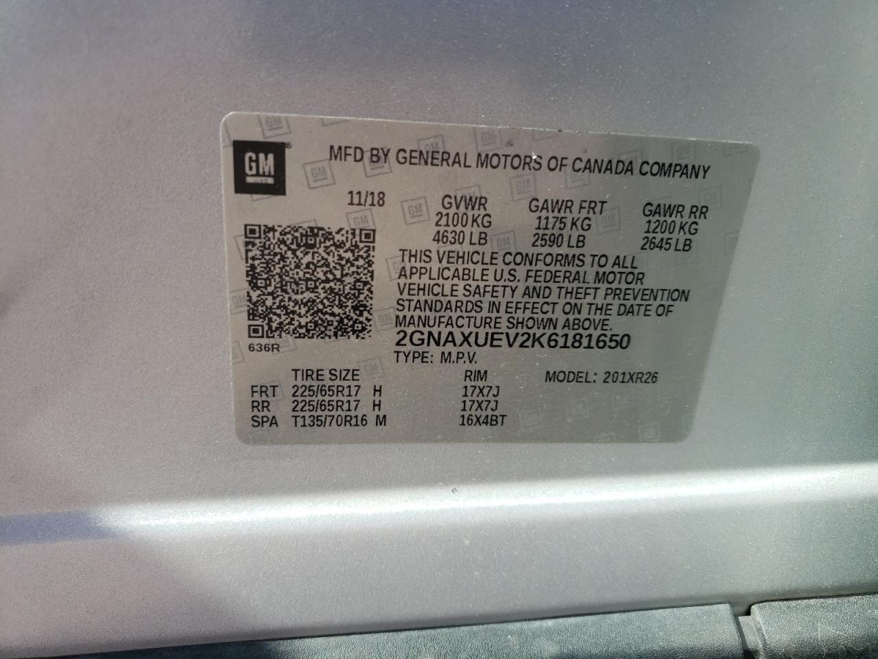 2019 Chevrolet Equinox Lt VIN: 2GNAXUEV2K6181650 Lot: 82229735