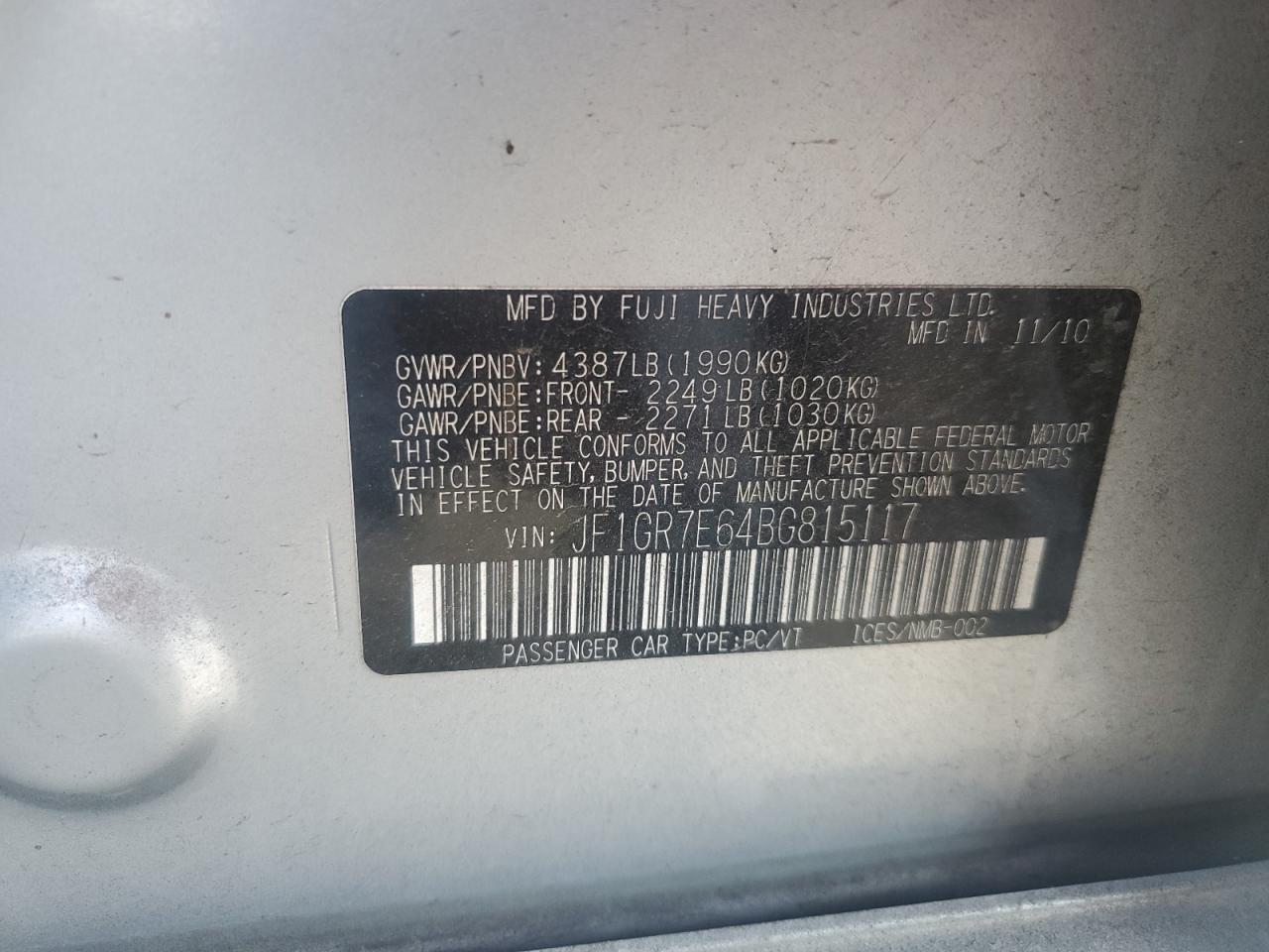 2011 Subaru Impreza Wrx VIN: JF1GR7E64BG815117 Lot: 85760855