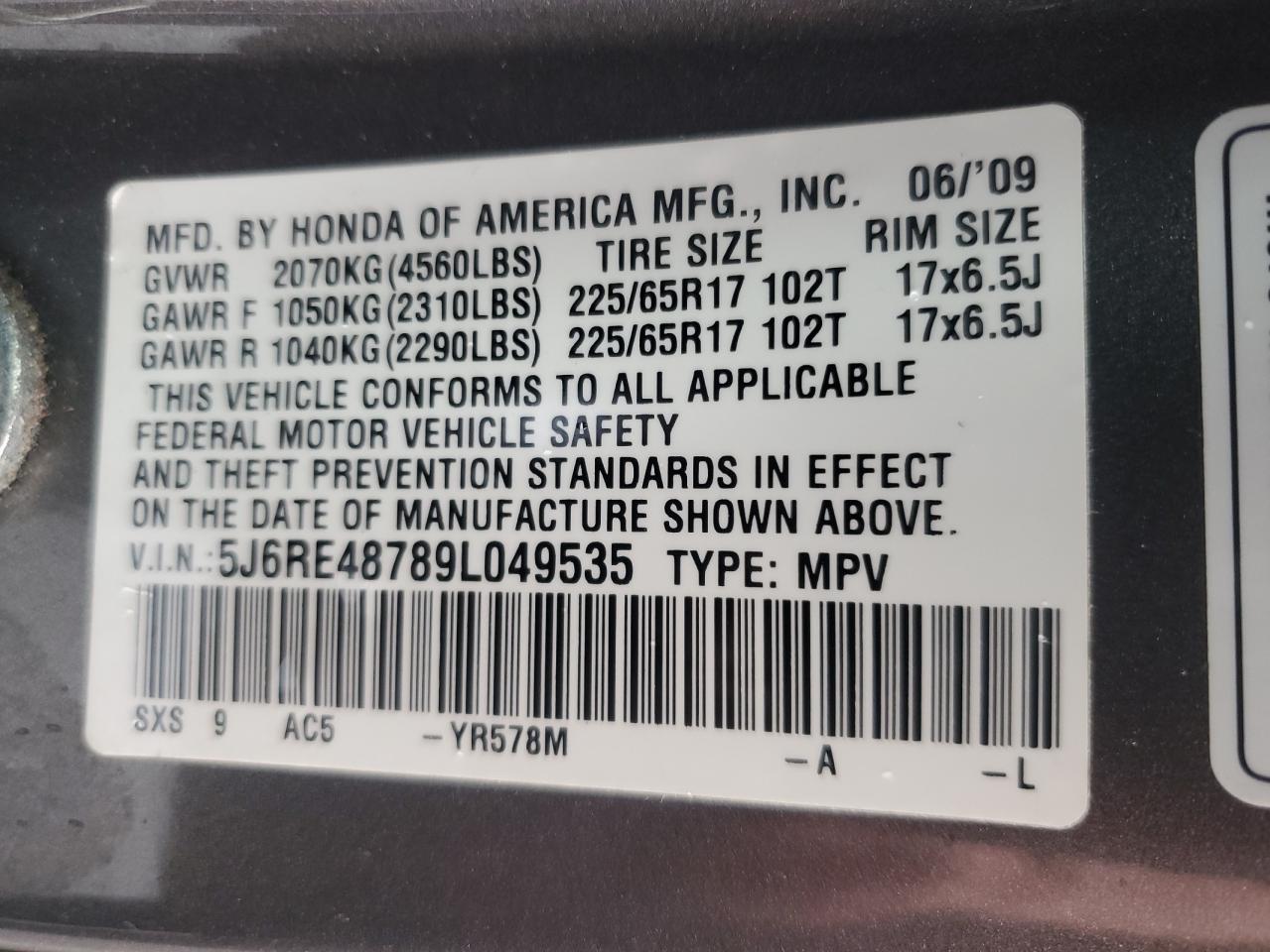 2009 Honda Cr-V Exl VIN: 5J6RE48789L049535 Lot: 82442075