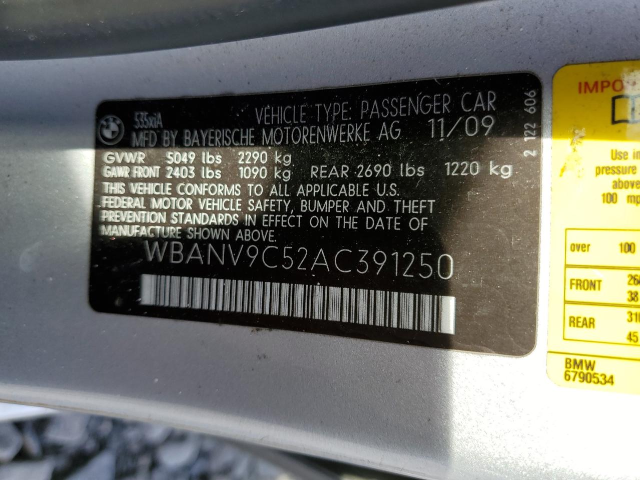 2010 BMW 535 Xi VIN: WBANV9C52AC391250 Lot: 82145565