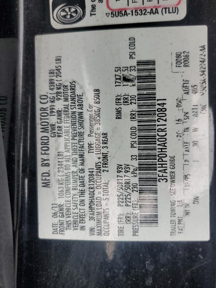 2012 Ford Fusion Se VIN: 3FAHP0HA0CR120841 Lot: 87039425